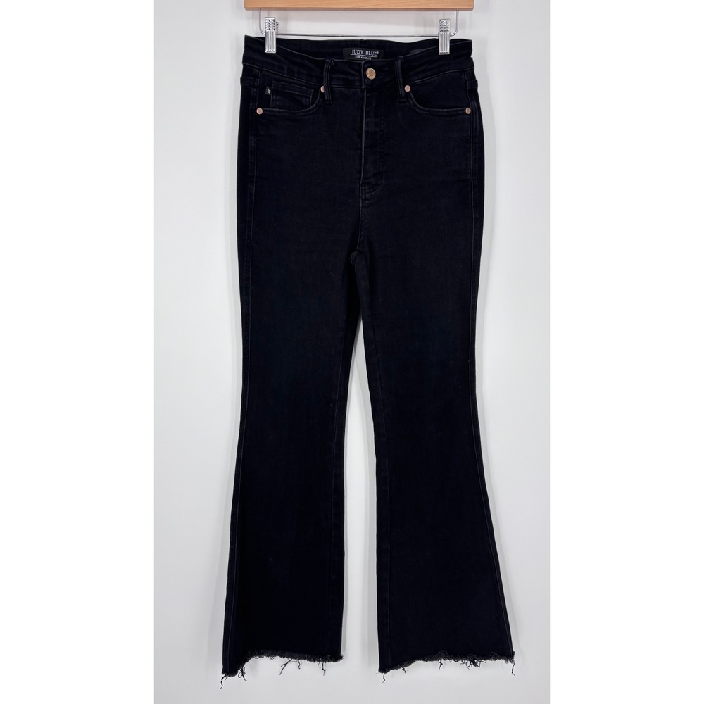 Judy‎ Blue Flare Jeans Womens 5/27 Black High Rise Raw Hem JB88699 Boho Western